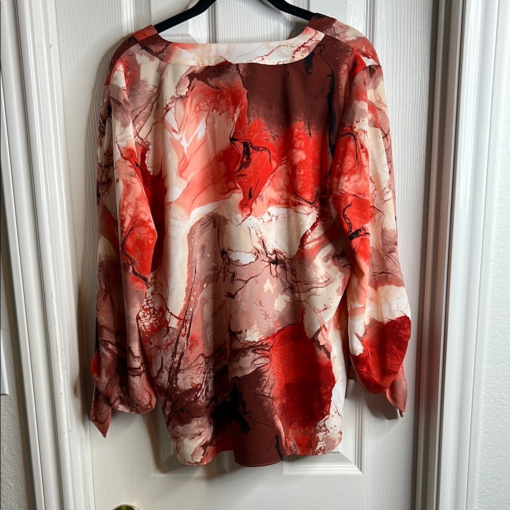 Alfani Red and Cream Graphic Tie Front Blouse - Picture 5 of 5